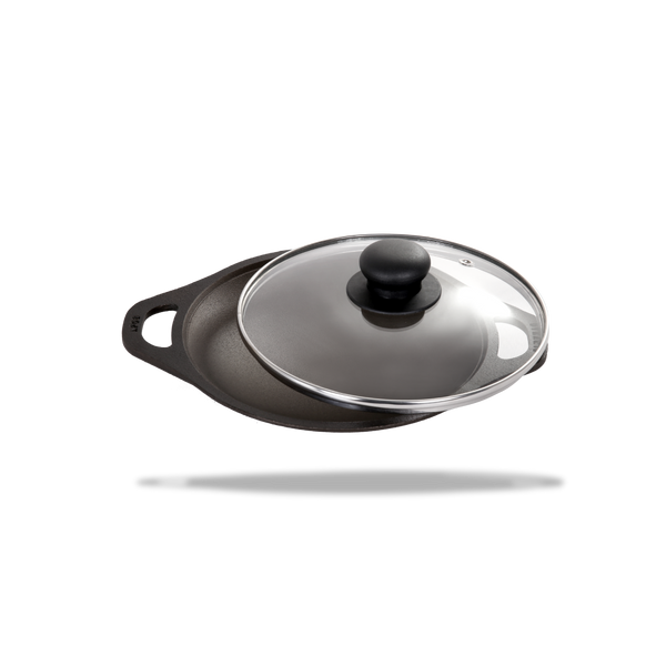 Cast Iron Appam Pan/Appachetty/Palappam Pan with Glass Lid (8 Inch / 22.05 cm) - Dynamic Cookwares