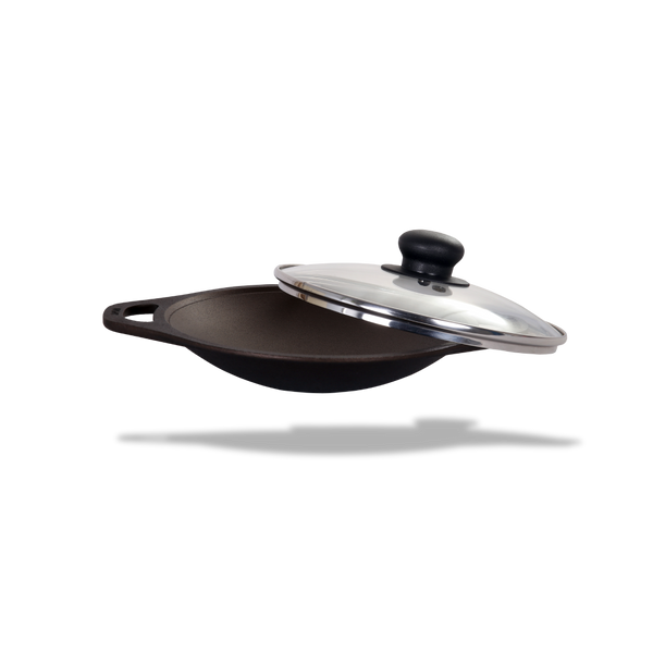 Cast Iron Appam Pan/Appachetty/Palappam Pan with Glass Lid (8 Inch / 22.05 cm) - Dynamic Cookwares